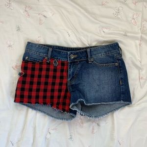half plaid half jean shorts
